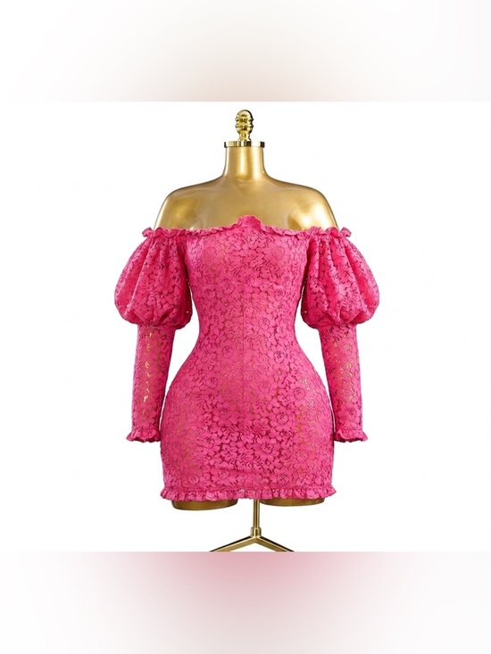 Luxxel Dresses & Skirts - Luxxel Hot Pink Lace Off-Shoulder Mini Dress with Puff Sleeves